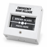 Tough emergency break-glass door release in white, angled front view with English presentation markings