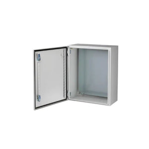 Tough Metal Weatherproof Junction Utility Enclosure Box, white metal weatherproof enclosure with door open and gasket visible