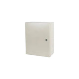 Tough Metal Weatherproof Junction Utility Enclosure Box, closed white metal weatherproof enclosure, front view
