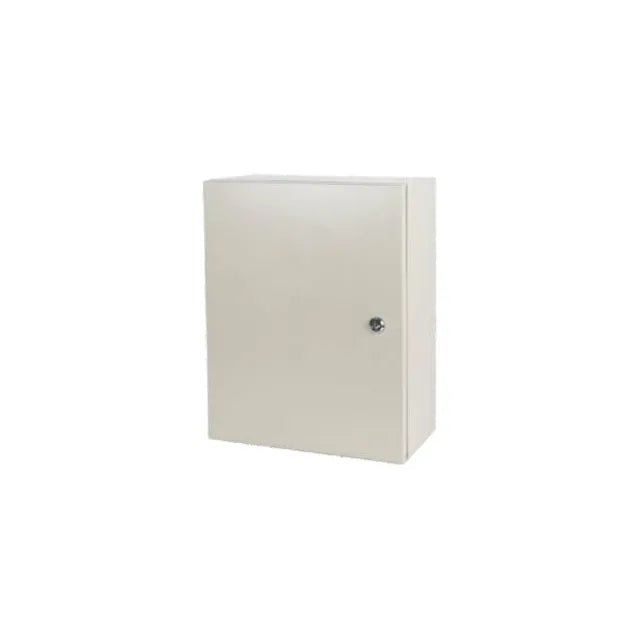 Tough Metal Weatherproof Junction Utility Enclosure Box, closed white metal weatherproof enclosure, front view