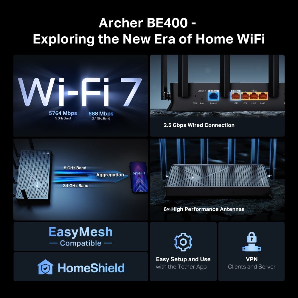 TP-Link Archer BE400 WiFi 7 Router with 6.5Gbps Dual-Band