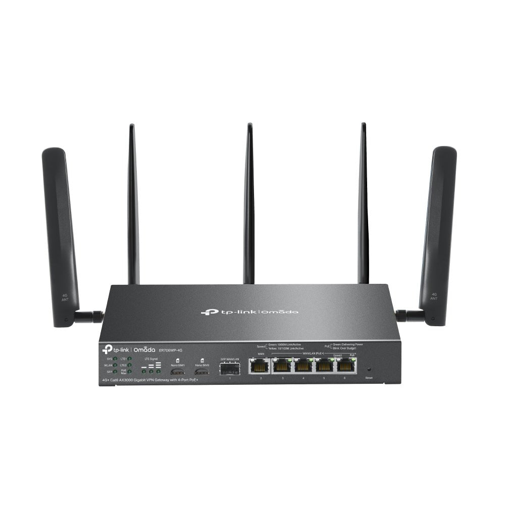 TP - Link ER706WP - 4G Omada 4G+ Dual Nano Sim AX3000 4 - Port POE+ Gigabit VPN Gateway Router - ACE Peripherals