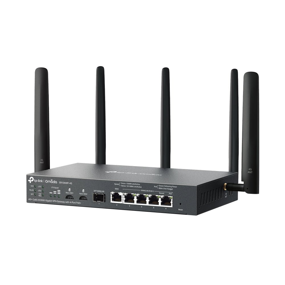 TP - Link ER706WP - 4G Omada 4G+ Dual Nano Sim AX3000 4 - Port POE+ Gigabit VPN Gateway Router - ACE Peripherals