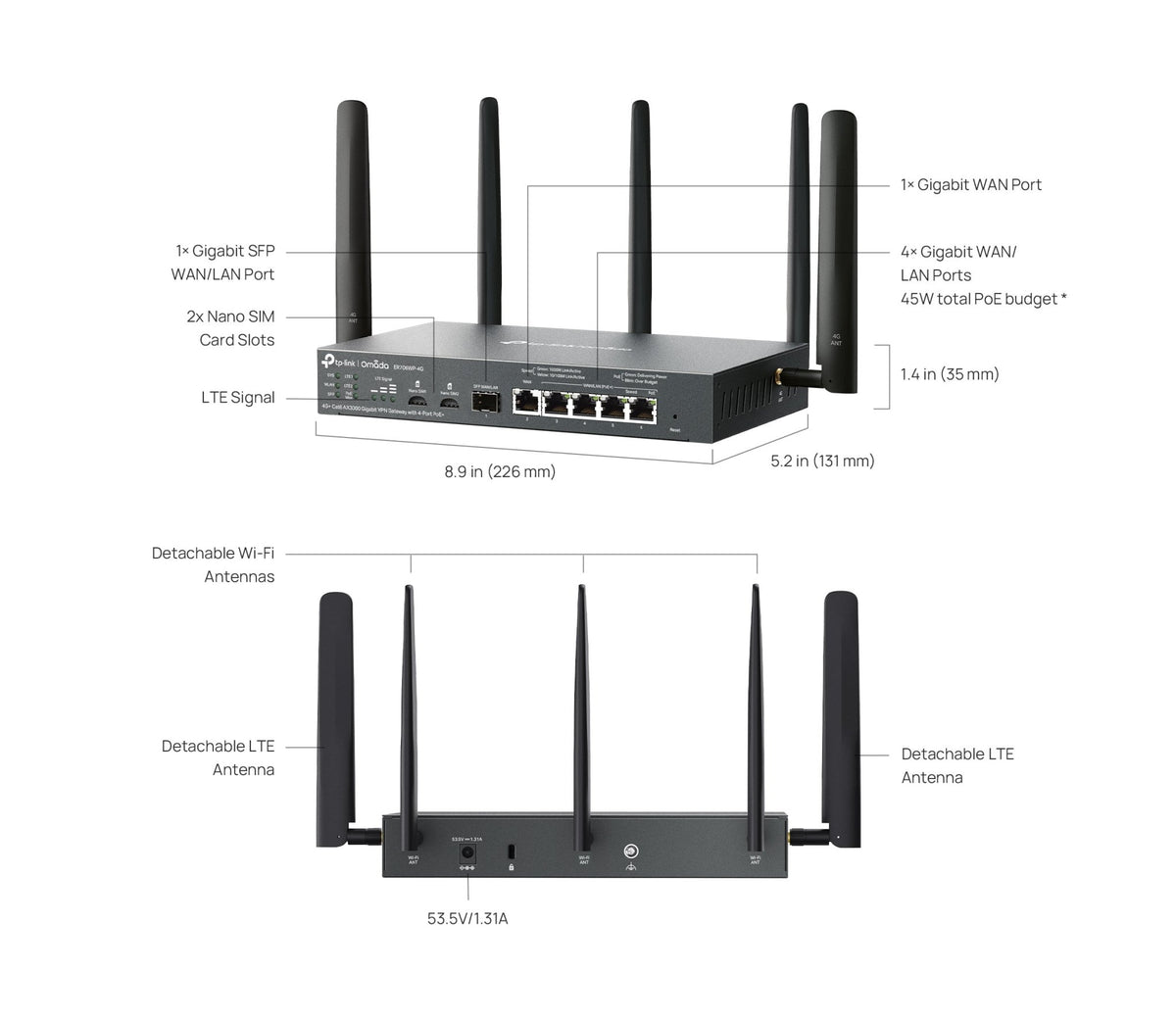 TP - Link ER706WP - 4G Omada 4G+ Dual Nano Sim AX3000 4 - Port POE+ Gigabit VPN Gateway Router - ACE Peripherals