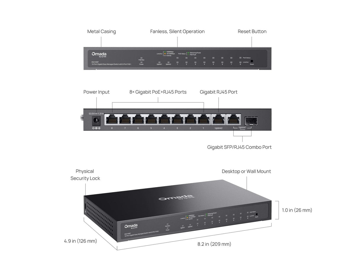 TP-Link ES210GP Omada 10-Port Gigabit Easy Managed Switch with 8-Port PoE+ - ACE Peripherals