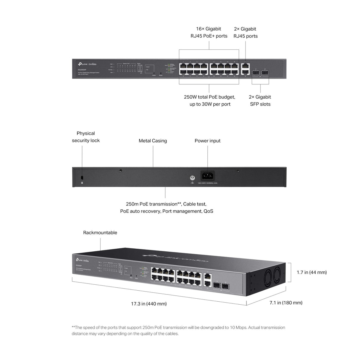 TP - Link ES220GMP Omada 20 - Port Gigabit Easy Managed 250m Long Range POE Switch with 16 - Port PoE+ - ACE Peripherals