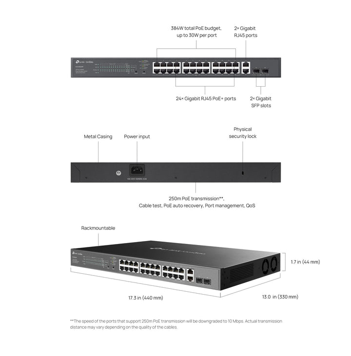 TP - Link ES228GMP Omada 28 - Port Gigabit Easy Managed 250m Long Range POE Switch with 24 - Port PoE+ - ACE Peripherals