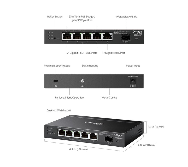TP - Link SG2206MP Omada Access 6 - Port Gigabit Switch with 4 - Port PoE+ - ACE Peripherals