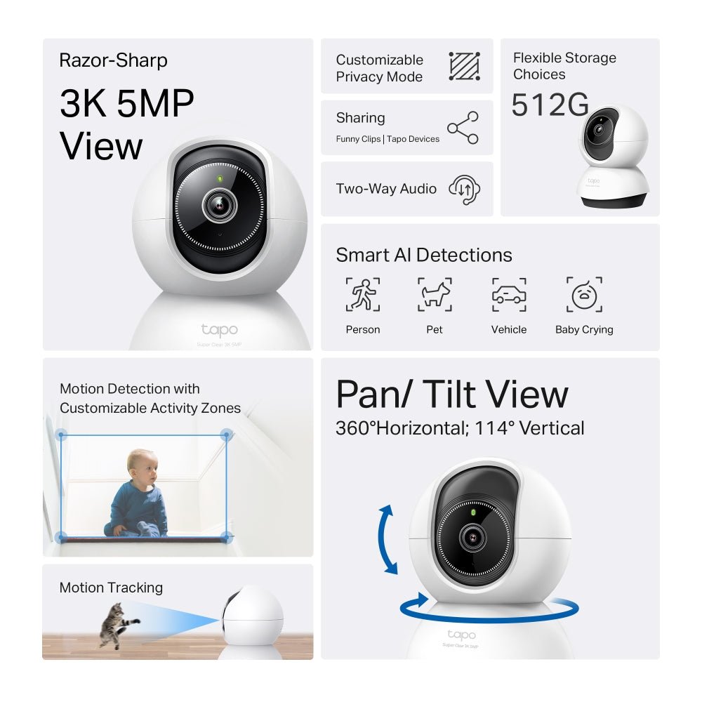 TP - Link Tapo TC74 5MP 3K QHD Wi - Fi 360º Pan Tilt IP Camera with AI - ACE Peripherals
