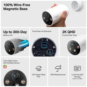 TP - Link Tapo TC85 4MP 2K QHD WiFi Weatherproof Battery Bullet IP Camera with Magnetic Base (Wire - Free) - ACE Peripherals