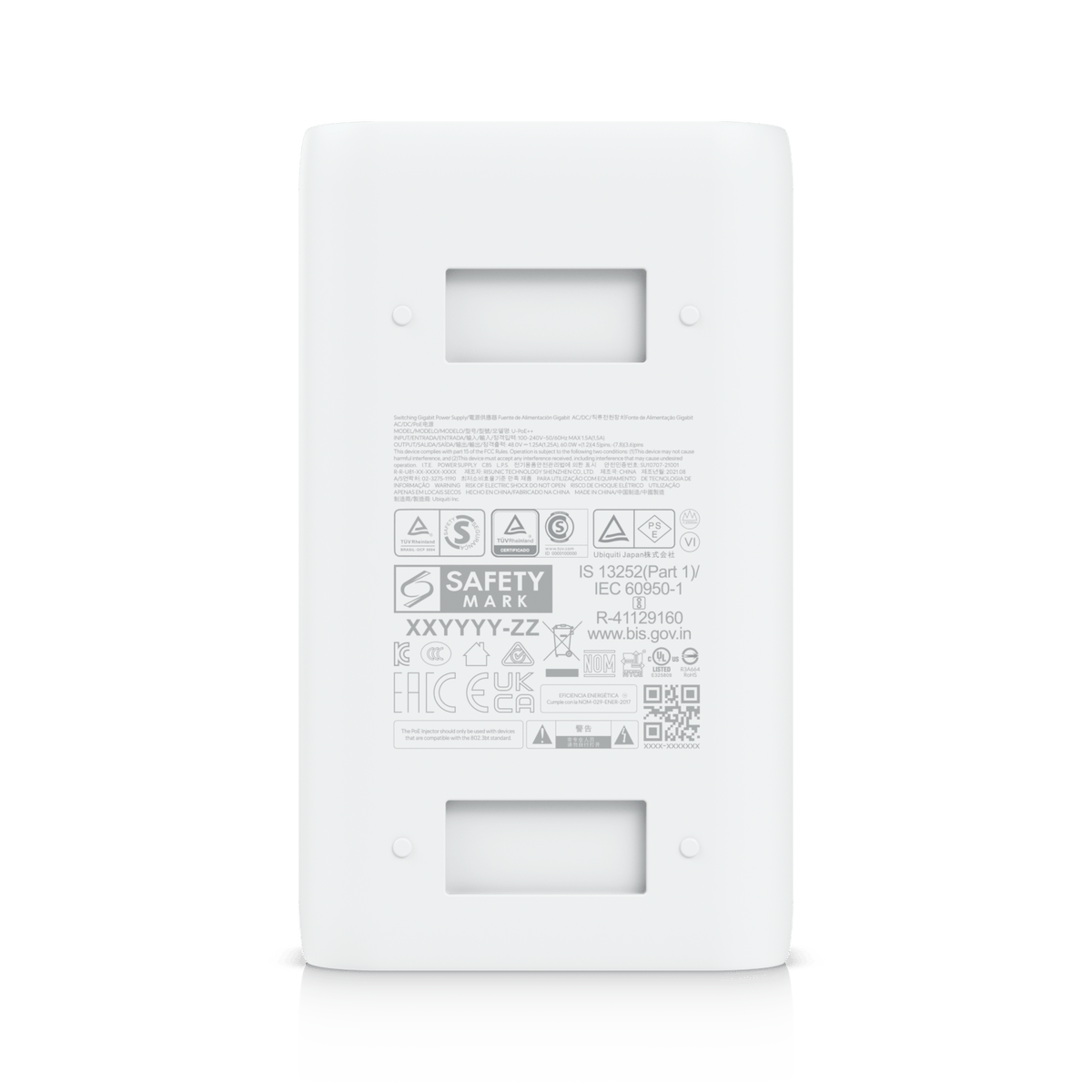 Ubiquiti UACC-PoE++-10G 60W 10GbE injector rear label and mounting slots
