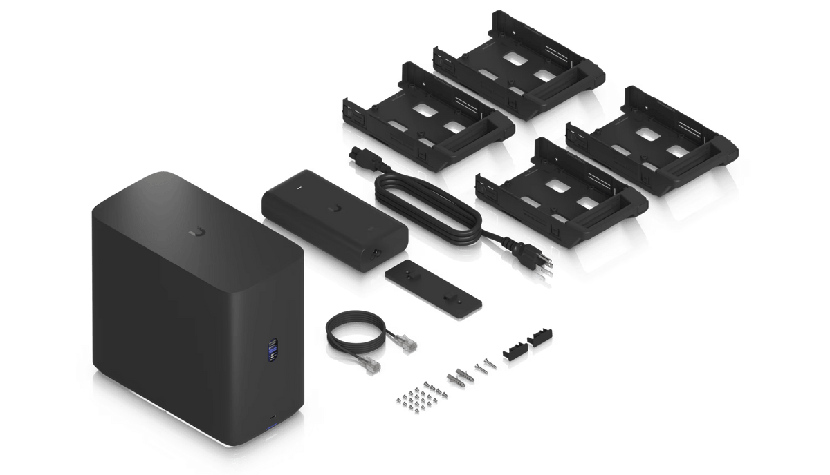 Ubiquiti UNAS-4 Black package contents and mounting hardware