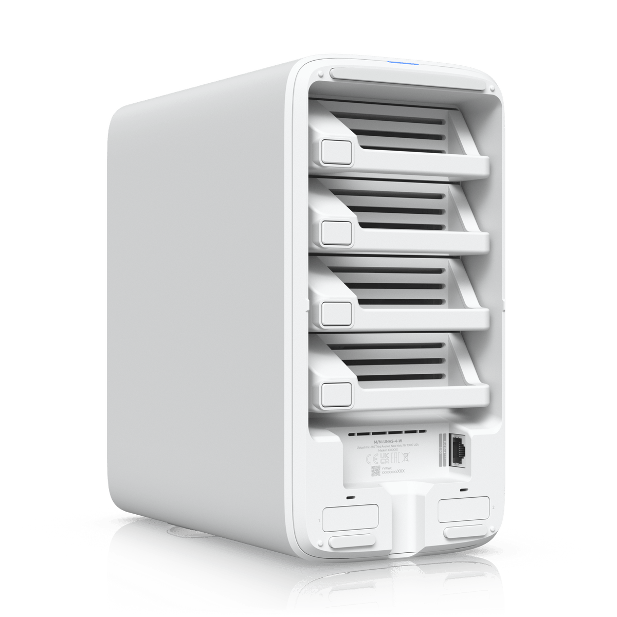 Ubiquiti UNAS-4 White angled rear view with cover removed