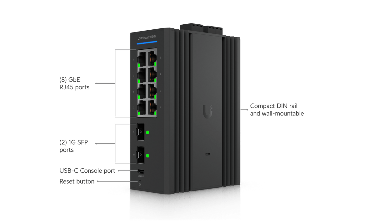 Ubiquiti UniFi USW-Industrial-DIN-8 Gigabit DIN Rail Switch - ACE Peripherals