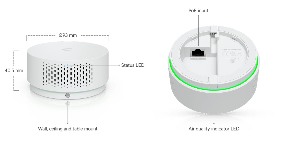 Ubiquiti UP-AirQuality - Dimensions and Ethernet connection diagram