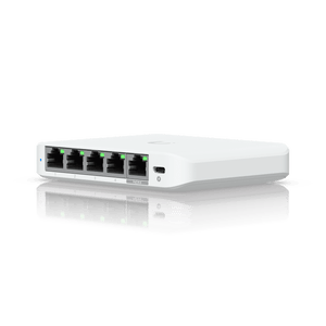 Ubiquiti USW-Flex-2.5G-5 front angled view showing five Ethernet ports