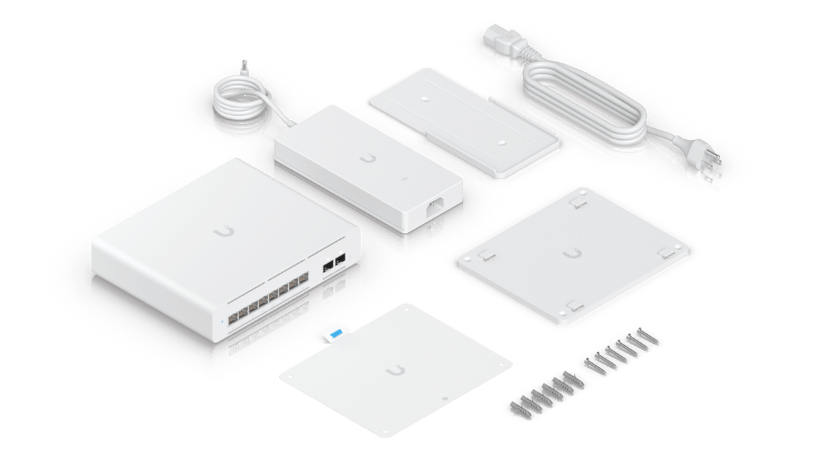 Ubiquiti USW-Pro-XG-8-PoE switch with included 210W adapter and mounting hardware