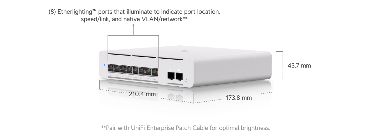 Ubiquiti USW-Pro-XG-8-PoE dimension and Etherlighting diagram