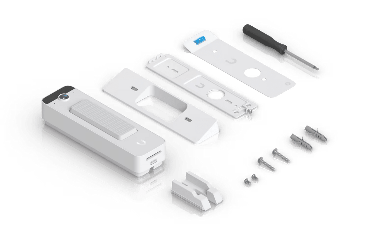 Ubiquiti UVC-Doorbell-Lite White package contents with wall and wedge mounts