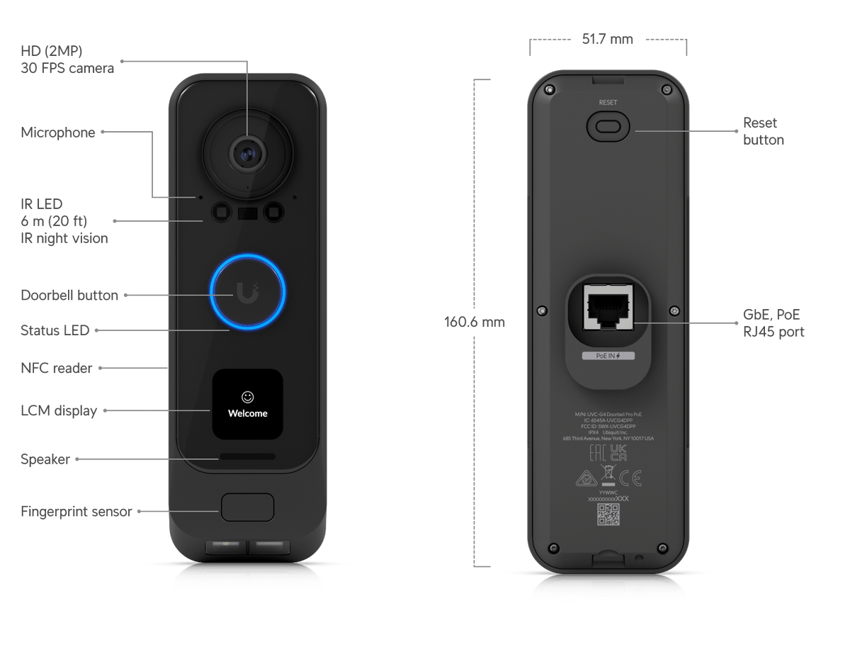 Ubiquiti UVC G4 Doorbell Pro PoE Kit FHD 2MP 160° Camera with Fingerprint Sensor and Chime - ACE Peripherals