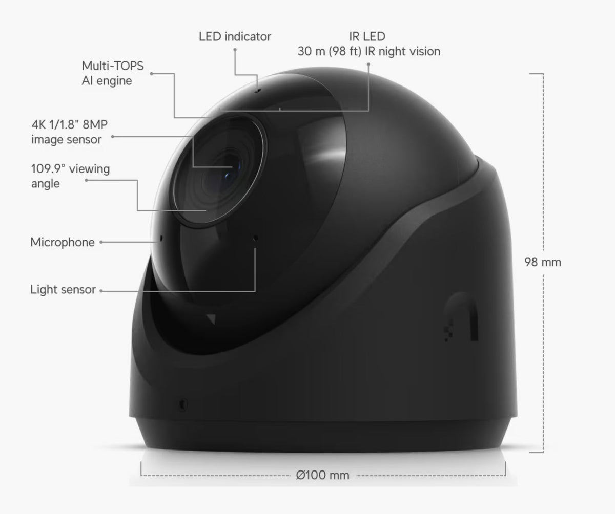Ubiquiti G6 Turret Black - lens, microphone and dimensions diagram