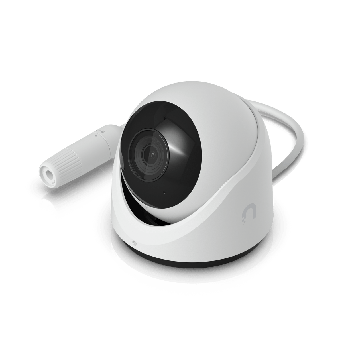 Ubiquiti G6 Turret White - angled view with attached Ethernet cable