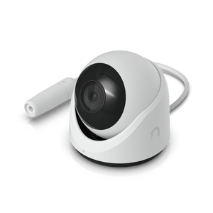 Ubiquiti G6 Turret White - angled view with attached Ethernet cable