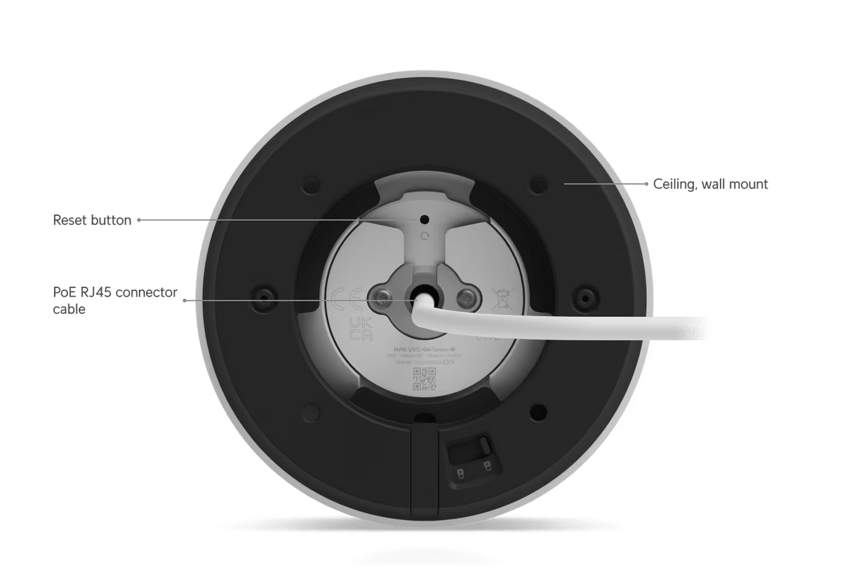 Ubiquiti G6 Turret White - reset button and cable routing diagram
