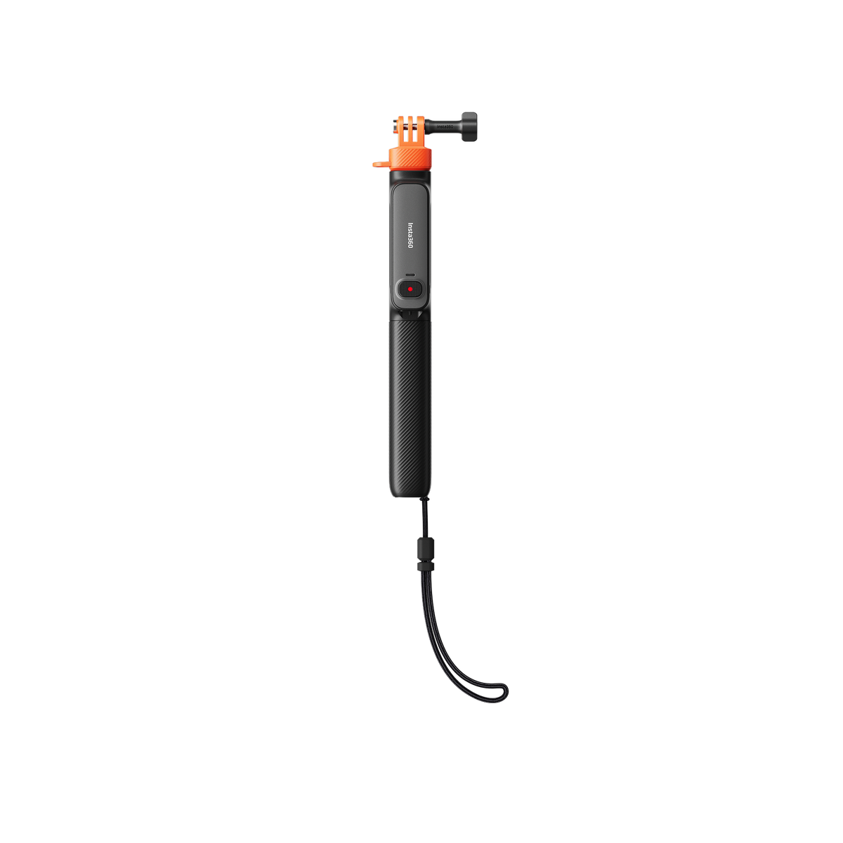 Retracted remote selfie stick with wrist strap and camera mount