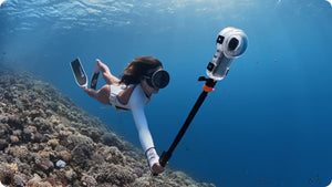 Underwater handheld filming scene with a compatible camera setup