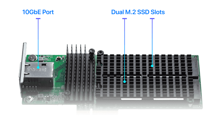 Asustor AS-T10G3 PCI Express x4 combo card with dual M.2 2280 NVMe slots and 10GbE - ACE Peripherals