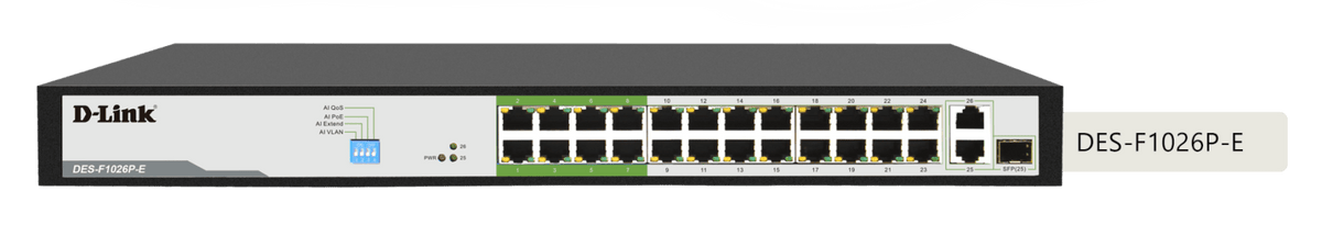 D-Link DES-F1026P-E 250M 24-Port Fast Ethernet Long Range PoE Switch - ACE Peripherals
