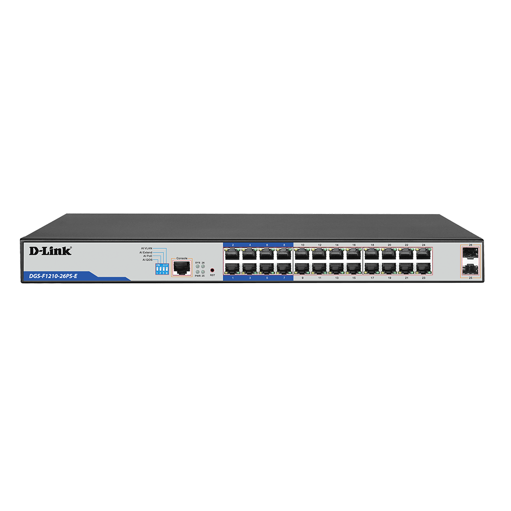 D-Link DGS-F1210-26PS-E 250M 24-Port Gigabit Long Range PoE Managed Switch with 2 SFP Ports - ACE Peripherals