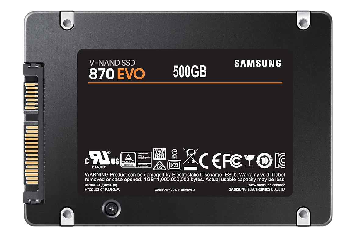 Samsung 870 EVO 500GB SATA SSD, manufacturer label and connector view