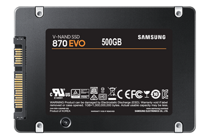 Samsung 870 EVO 500GB SATA SSD, manufacturer label and connector view