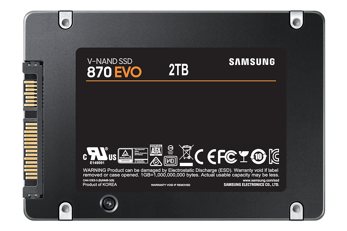 Samsung 870 EVO 2TB SATA SSD, manufacturer label and connector view