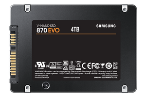 Samsung 870 EVO 4TB SATA SSD, manufacturer label and connector view
