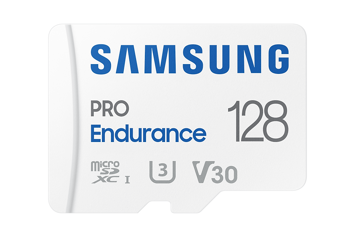 Samsung PRO Endurance 128GB microSDXC card front showing U3 and V30 markings