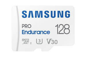 Samsung PRO Endurance 128GB microSDXC card front showing U3 and V30 markings