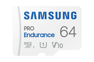 Samsung PRO Endurance 64GB microSDXC card front showing U1 and V10 markings