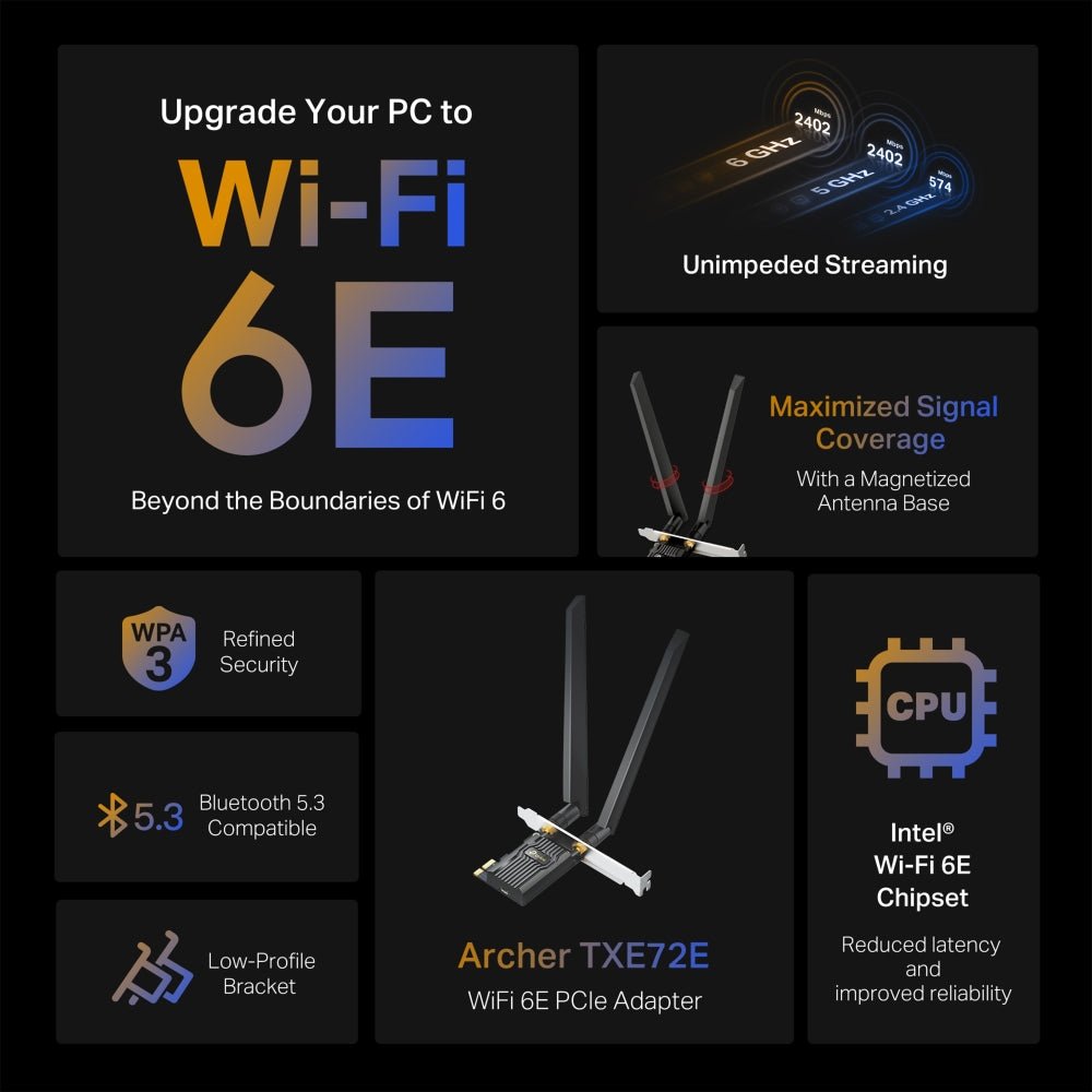 TP-Link Archer TXE72E AXE5400 Wi-Fi 6E Bluetooth 5.3 PCIe Adapter - ACE Peripherals