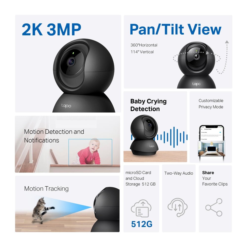 TP-Link Tapo C211 3MP 2K HD WiFi 360º Pan Tilt IP Camera - ACE Peripherals