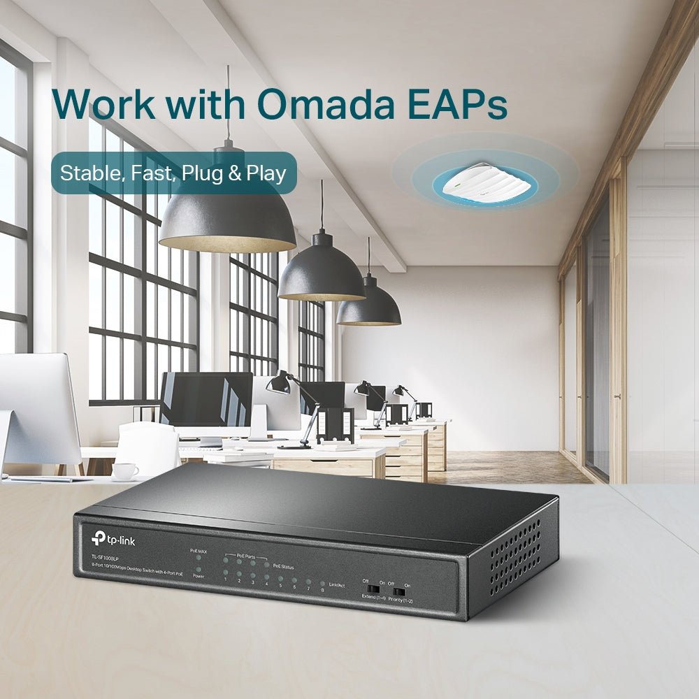 TP-Link TL-SF1008LP 8-Port 10/100Mbps with 4-Port 250m Long Range PoE Unmanaged Switch - ACE Peripherals