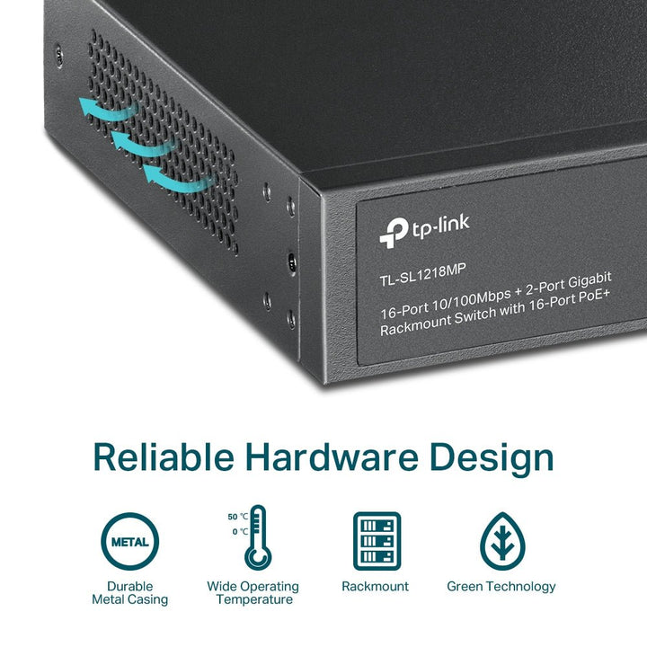 TP-Link TL-SL1218MP 16-Port 10/100 Mbps + 2-Port Gigabit with 16-Port 250m Long Range PoE+ Unmanaged Switch - ACE Peripherals