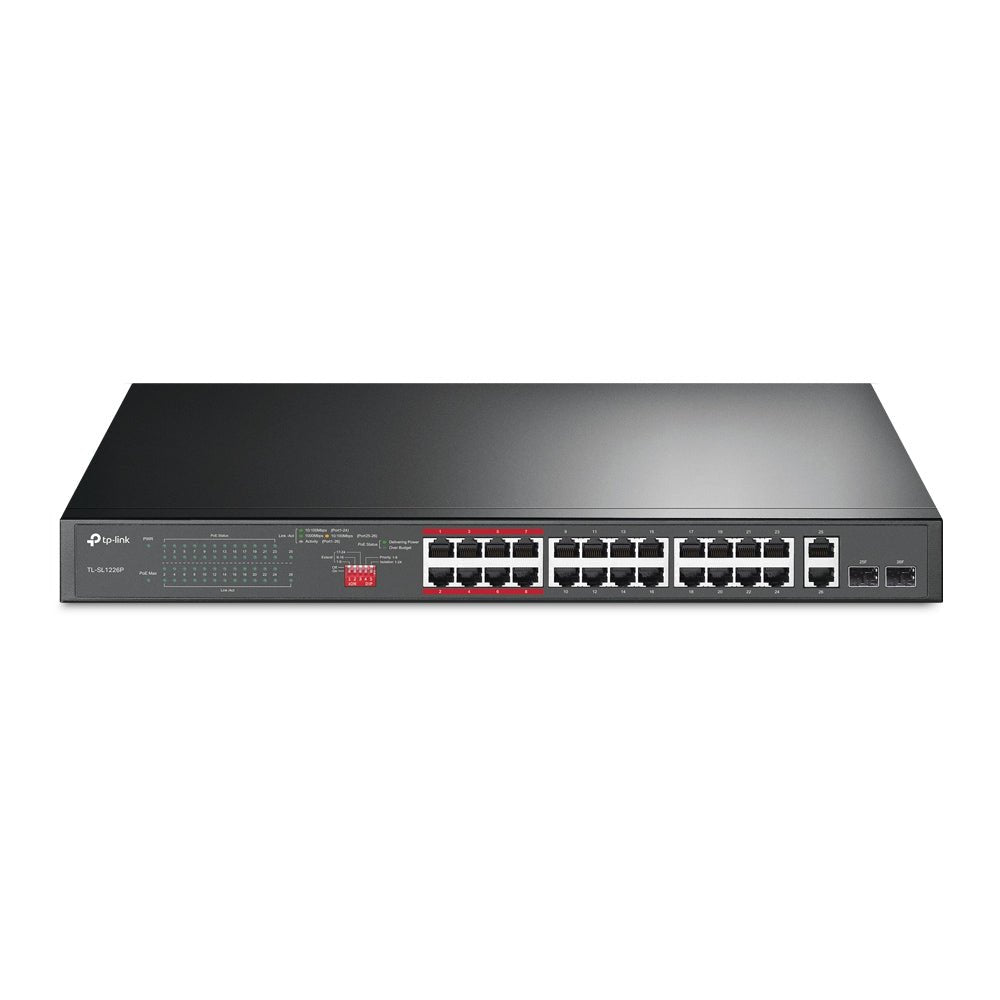 TP-Link TL-SL1226P 24-Port 10/100Mbps + 2-Port Gigabit 250m Long Range PoE+ Unmanaged Switch - ACE Peripherals