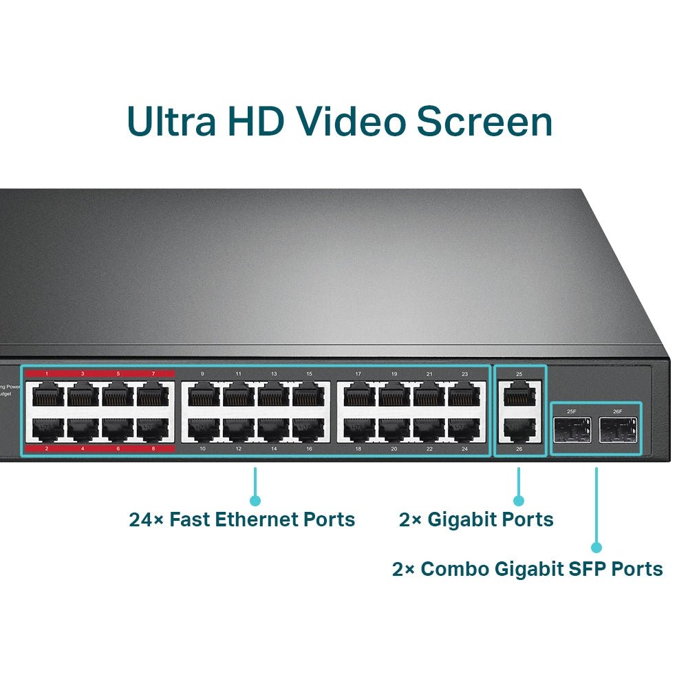 TP-Link TL-SL1226P 24-Port 10/100Mbps + 2-Port Gigabit 250m Long Range PoE+ Unmanaged Switch - ACE Peripherals