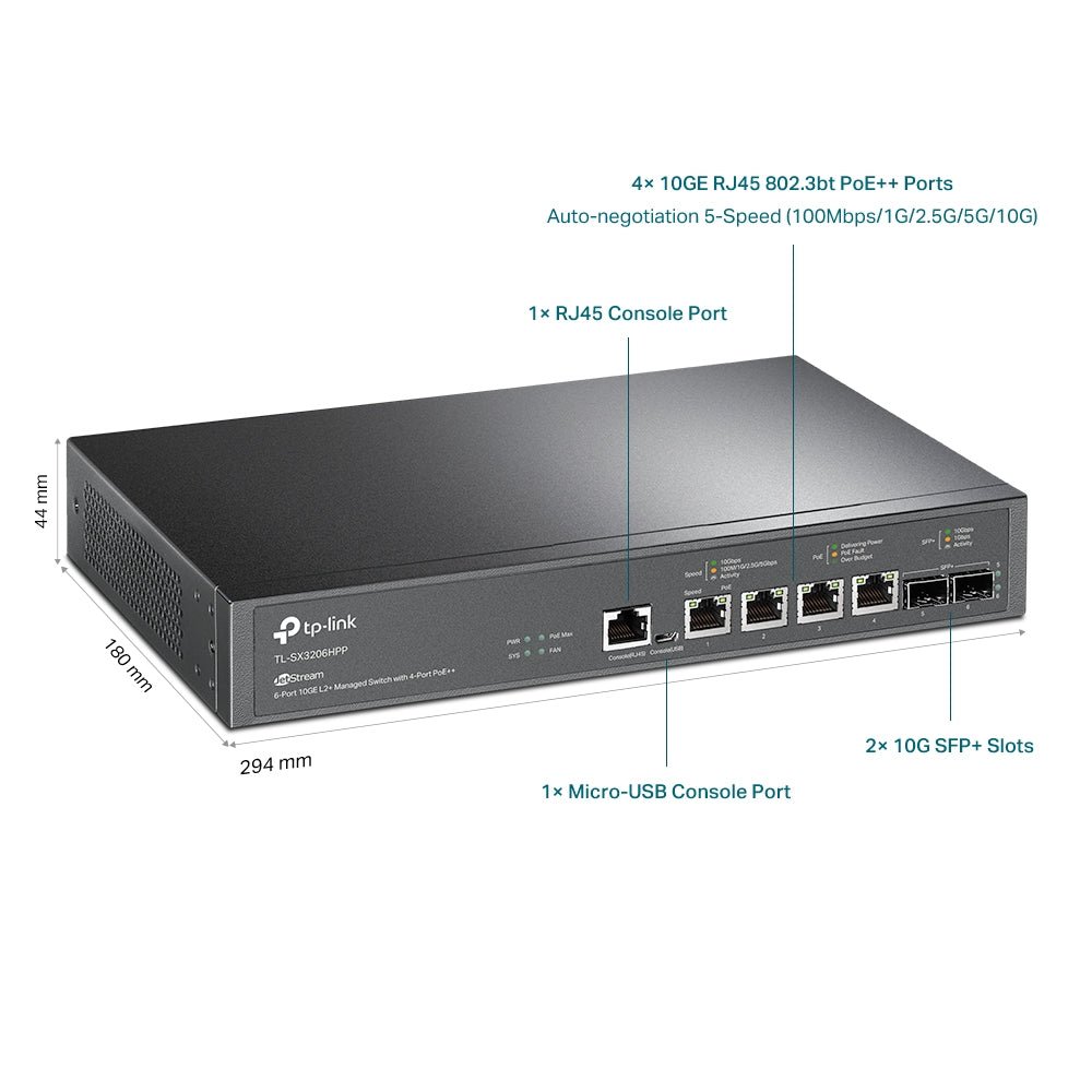 TP-Link TL-SX3206HPP JetStream 6-Port 10GE L2+ Managed Switch with 4-Port PoE++ - ACE Peripherals
